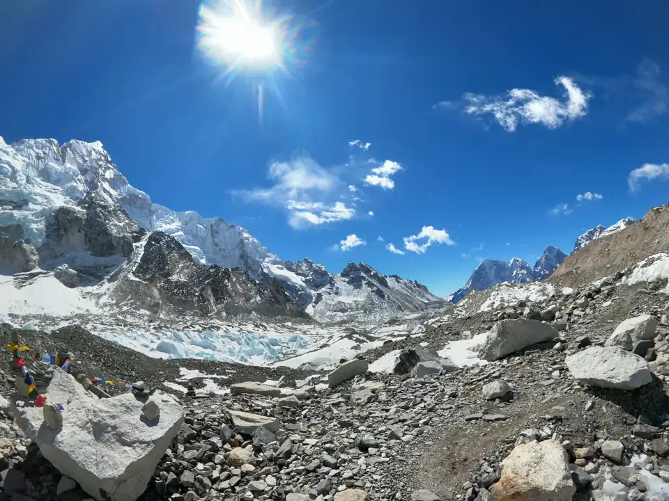 Trekkers on the rock and ice of the Khumbu glacier