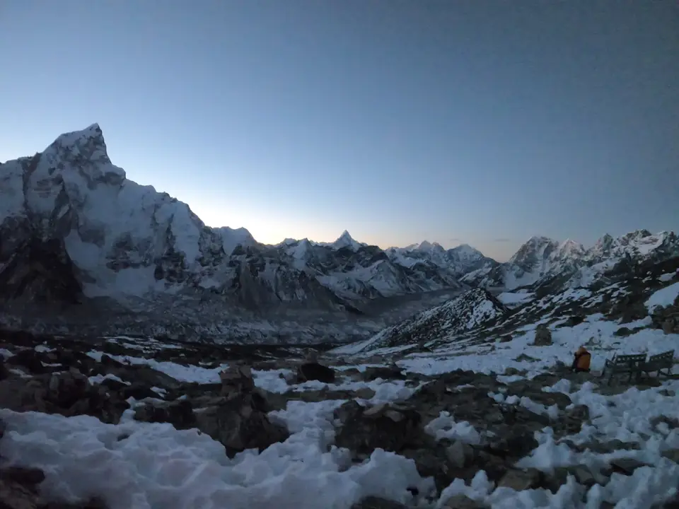 First light over the snow peaks above the Khumbu glacier