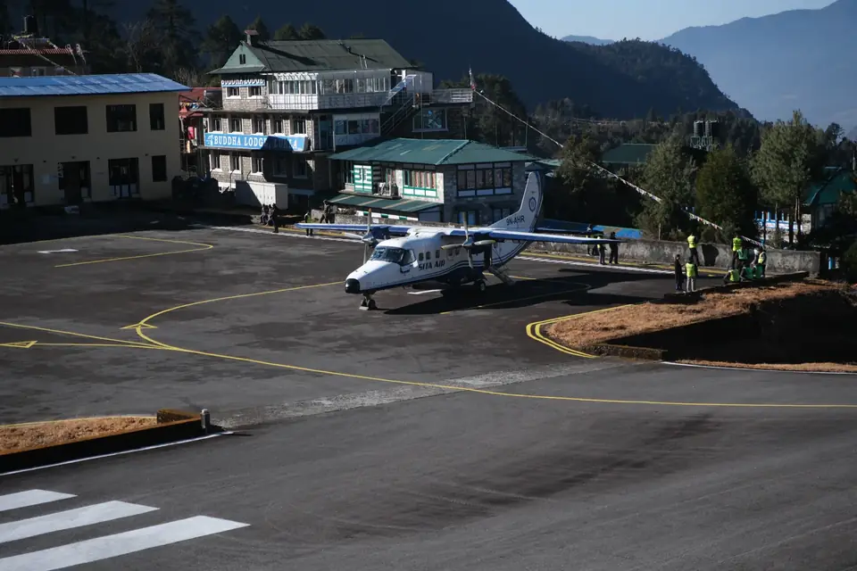 A small plane on the runway at Lukla airport, where the trek begins