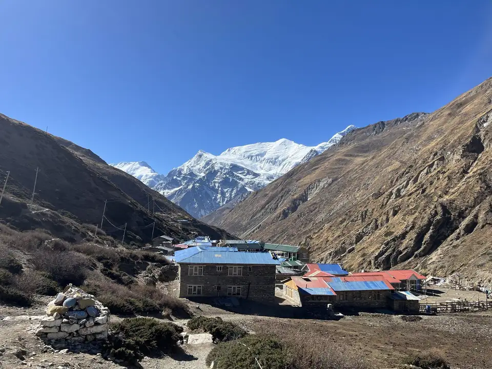 A teahouse lodge with coloured roofs in a valley below snow peaks
