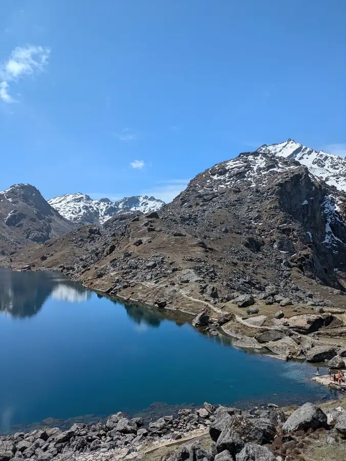 A turquoise glacial lake below a snow peak