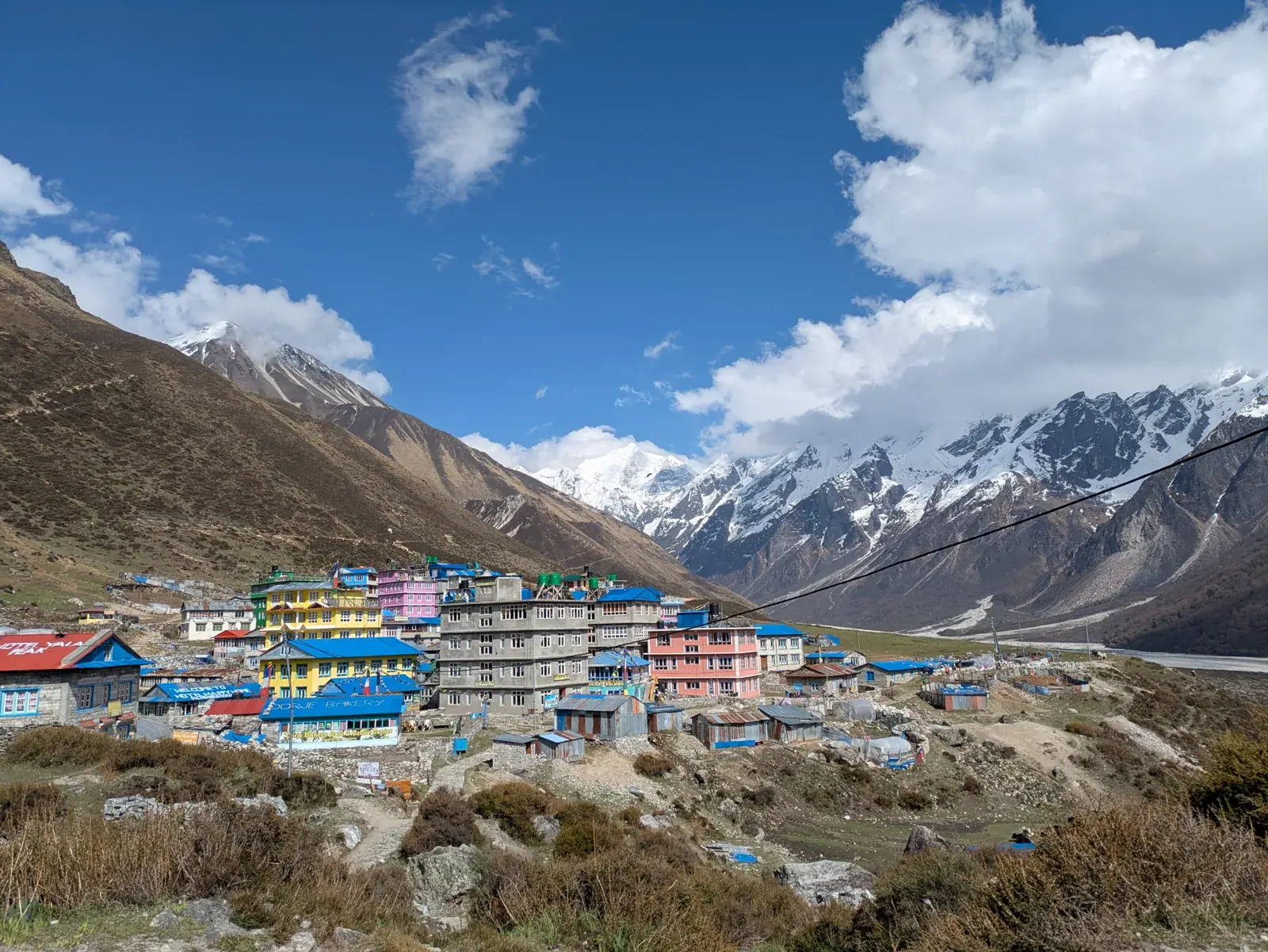 Kyanjin Gompa, a village of colourful lodges spread along the valley beneath snow peaks