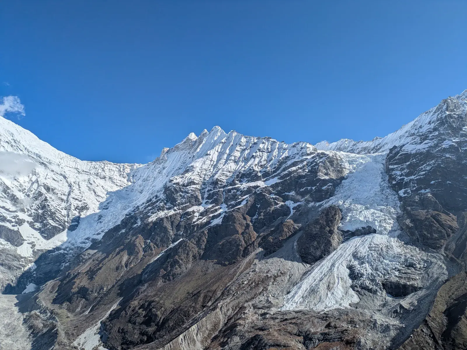 A panorama of snow-covered peaks and glaciers above the Langtang valley